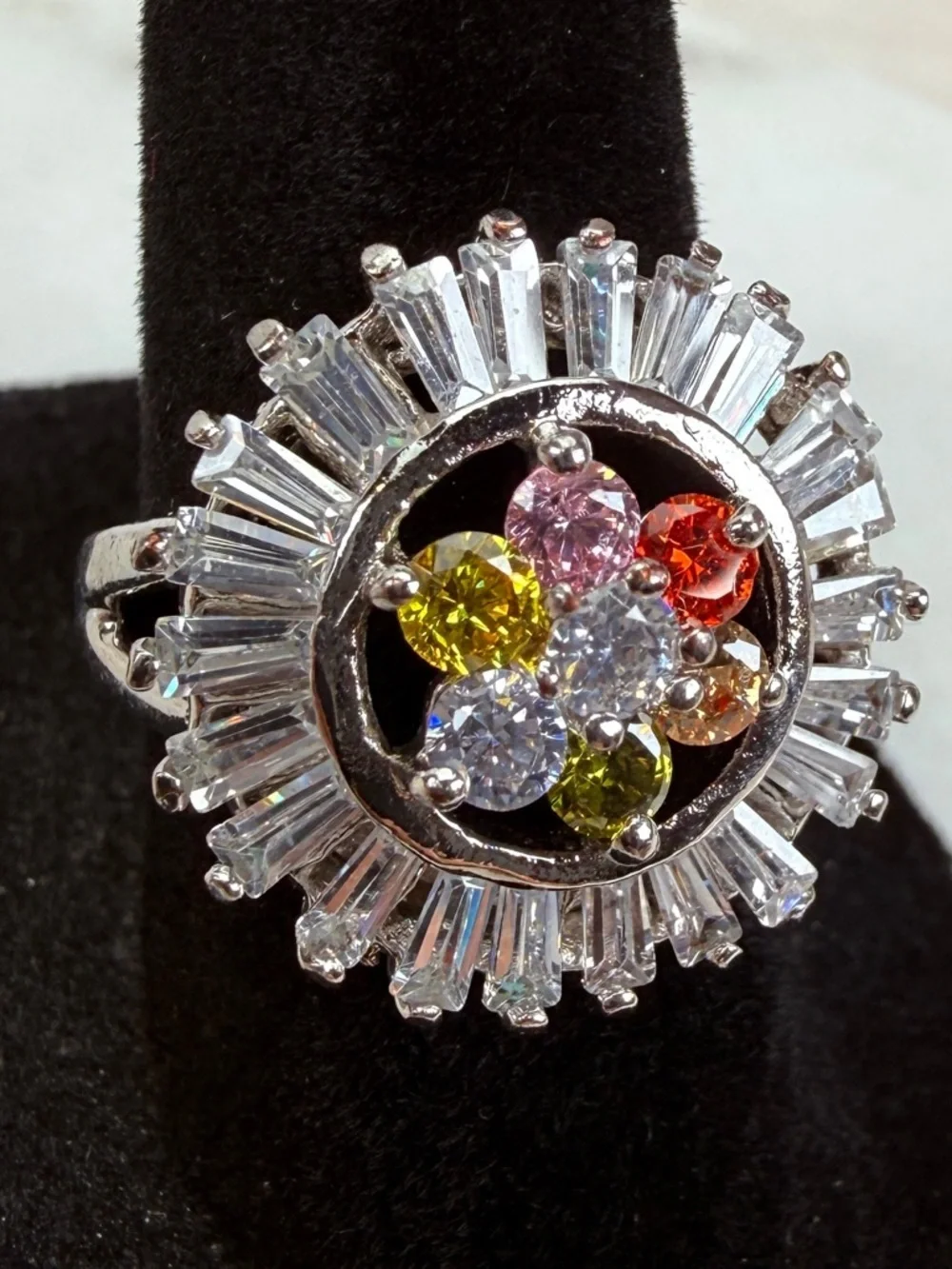 Pretty silvertone, multi colored bling size 6 3/4 statement ring